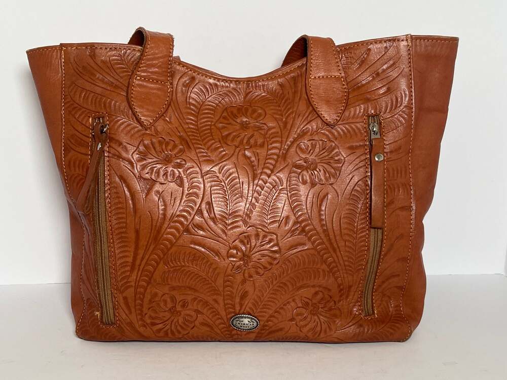 American West Hitchin Post Large Brown Leather Conceal Carry Tote Bag OS